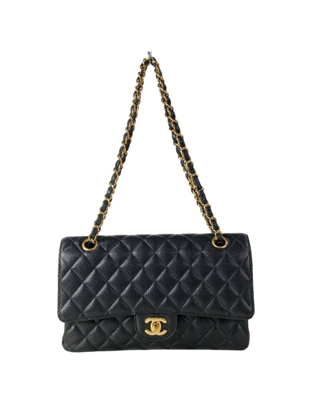 Chanel Shoulder Bag Double Flap Quilted Black Gold Chain